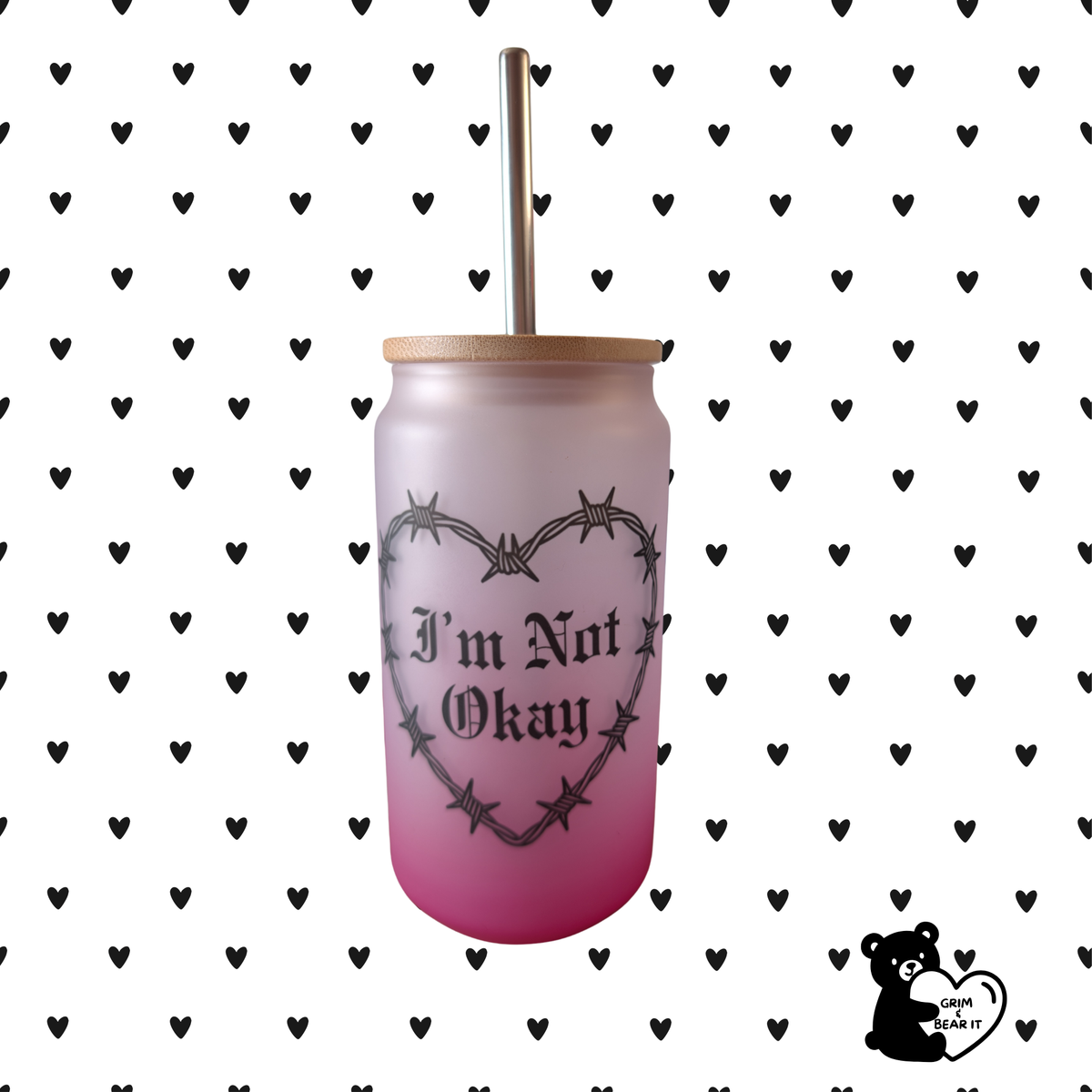 I’m Not Okay Frosted Pink Glass Can | Sarcastic Emo Iced Coffee Cup with Bamboo Lid & Metal Straw (550ml)